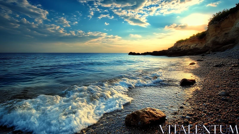 Rocky shoreline with waves under vivid sunset sky.