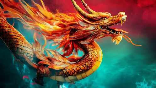 Fiery golden dragon swirling through red and teal mist.