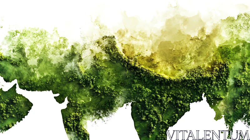 Dense green forest topography forming stylized Asia landmass