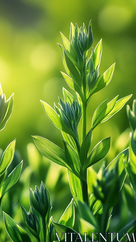 Sunlit leaf spires rising through a glowing green hush.