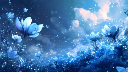 Dreamy blue blossoms glowing softly under starlit sky.