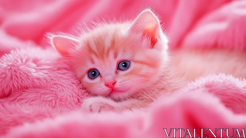 Adorable Pink Kitten Nestled in Fluffy Bedding.