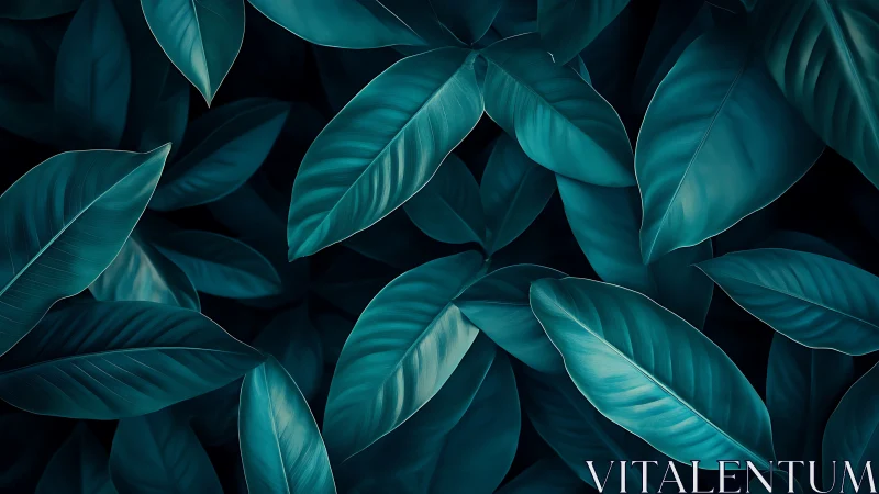 Deep teal jungle leaves glow softly in gentle shadow