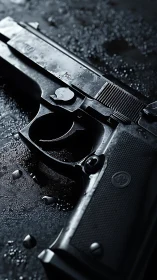 Wet metal handgun close-up under dramatic low-key light.