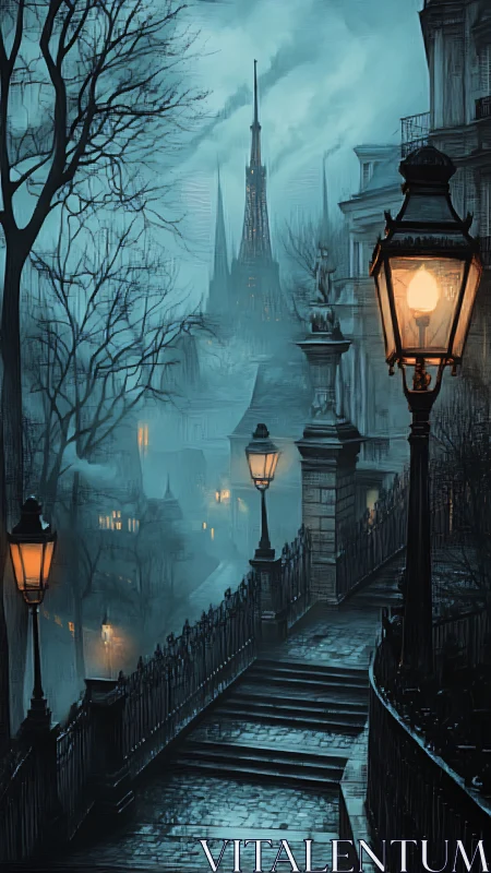 Moody fogbound staircase with gaslit Victorian street.