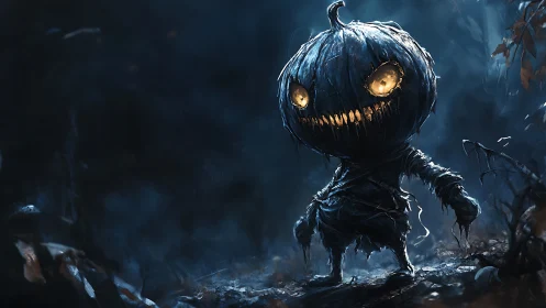 Dark fantasy pumpkin ghoul in cinematic blue lighting.