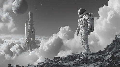 Monochrome extravehicular survey above stratified cloud deck.