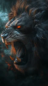 Side profile of roaring horned lion with glowing eyes.