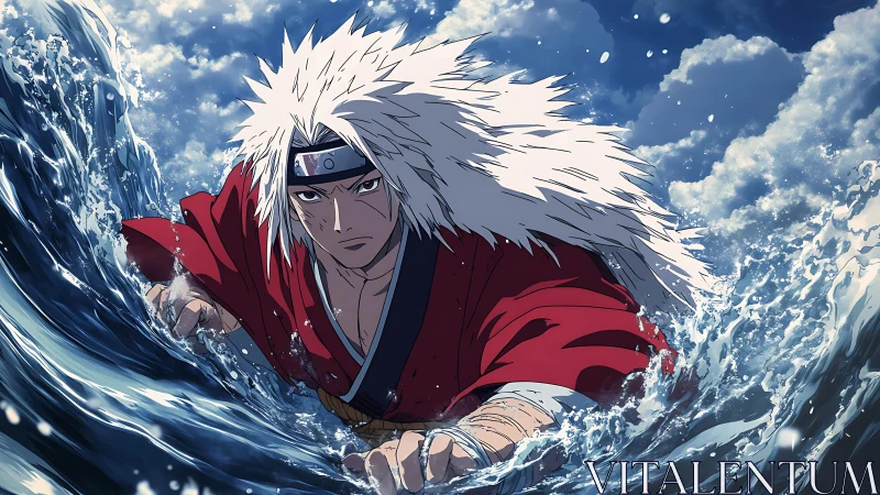White haired anime warrior pushing through ocean waves.