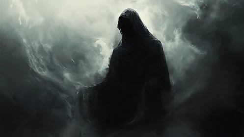 Hooded wraith silhouette emerging from swirling spectral fog.