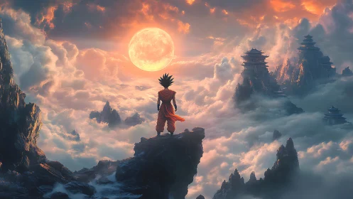 Warrior surveys celestial mountains under burning moon.