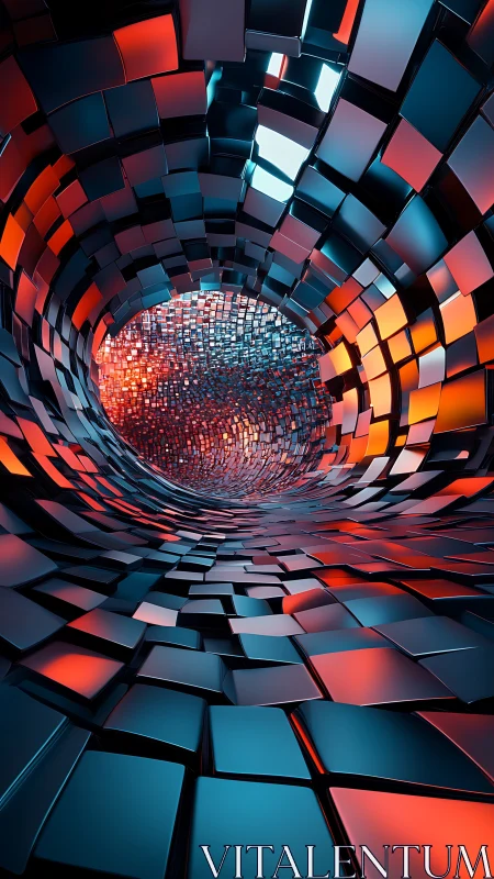 Curved tunnel of reflective square tiles forms a receding vortex