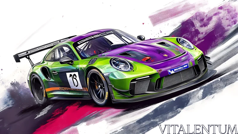 Digital rendering depicts a green and purple GT3 race car