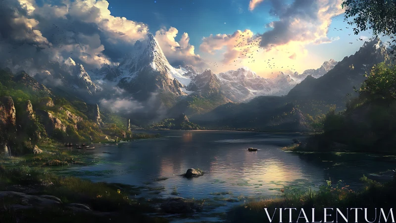 Sunlit alpine lake beneath towering snow peaks at dusk.