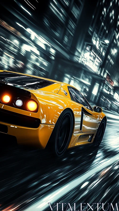 Yellow sports car speeds through wet neon city street at night