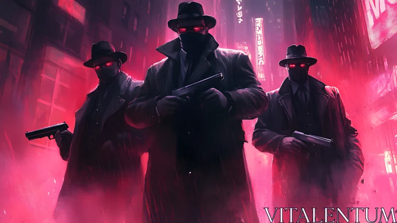 Mystery enforcers stride through neon fog and shadowed streets.