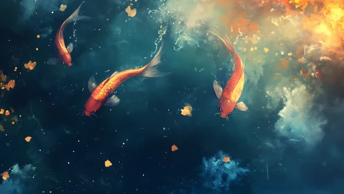 Triptych koi in luminous turbulent aquatic gradient field.