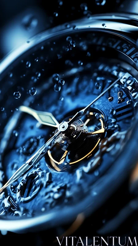 Macro view shows mechanical watch face under water droplets