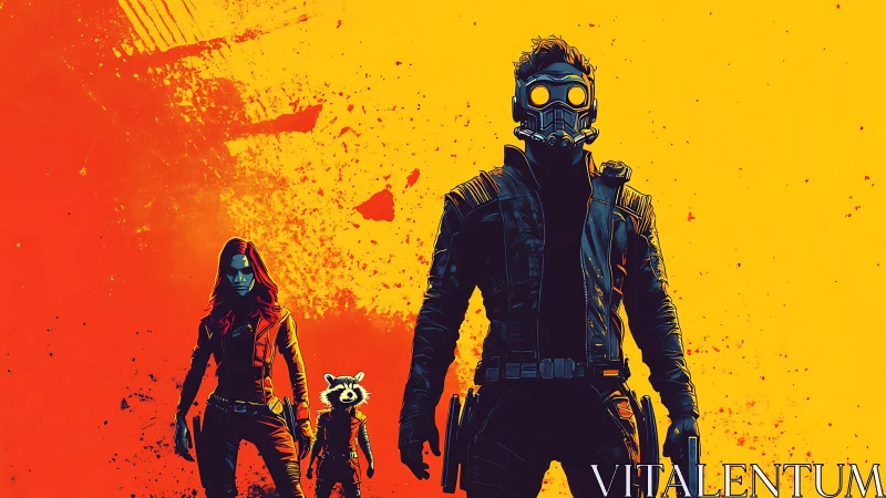 Neon-clad space trio silhouettes against high-contrast gradient backdrop