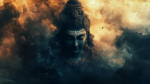 Stormlit cosmic deity drifts through molten twilight clouds