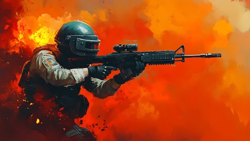 Combat operator advancing through explosive orange firestorm.