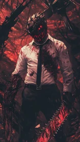 Demonic chainsaw warrior stands in bloodlit infernal void.