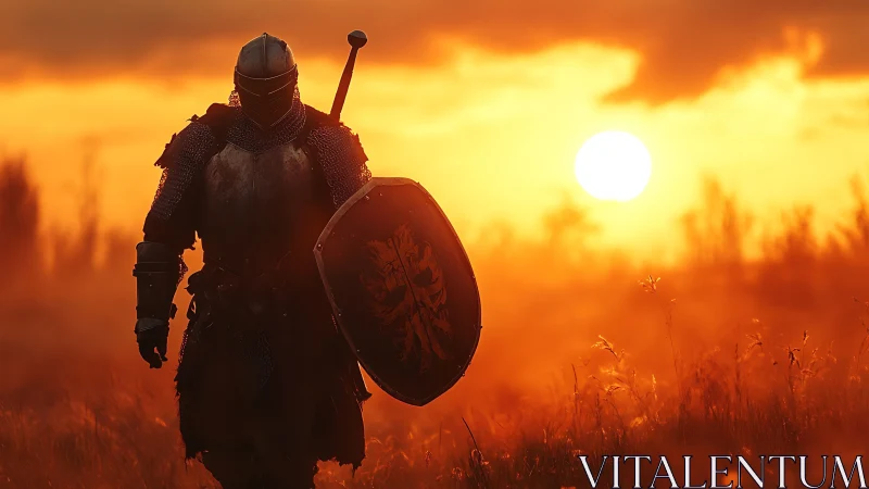 Armored medieval knight in field against low setting sun.