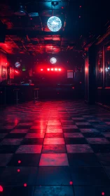 Empty tiled nightclub interior under red and blue lighting.