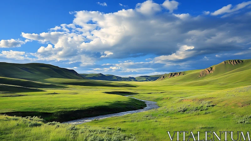 Green valley plain with winding river under wide sky.