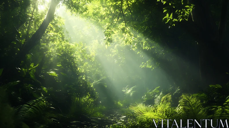 Sunlit forest canopy with verdant understory vegetation.