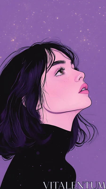 Side-profile digital portrait of girl under violet starfield