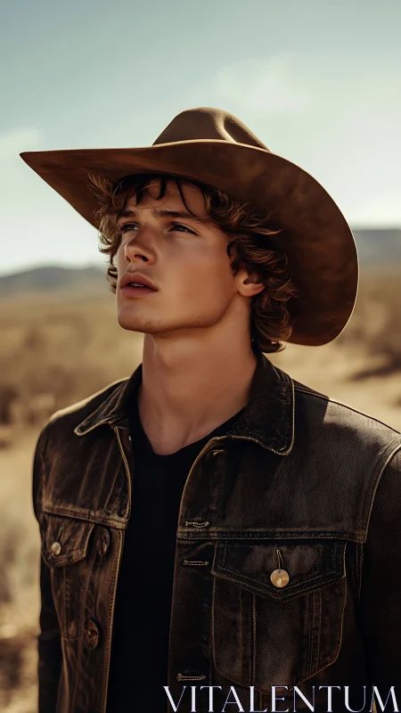 Young cowboy portrait under bright desert sunlight.