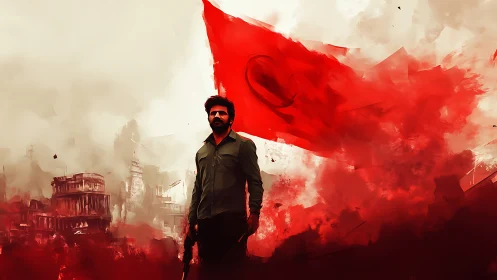 Digital painting of lone soldier before monumental red flag.