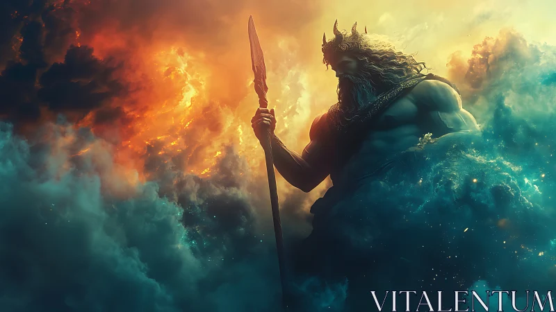 Mythic sky giant holding spear amid turbulent glowing clouds