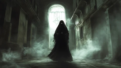 Veiled specter drifting through a ruin of greenish fog.