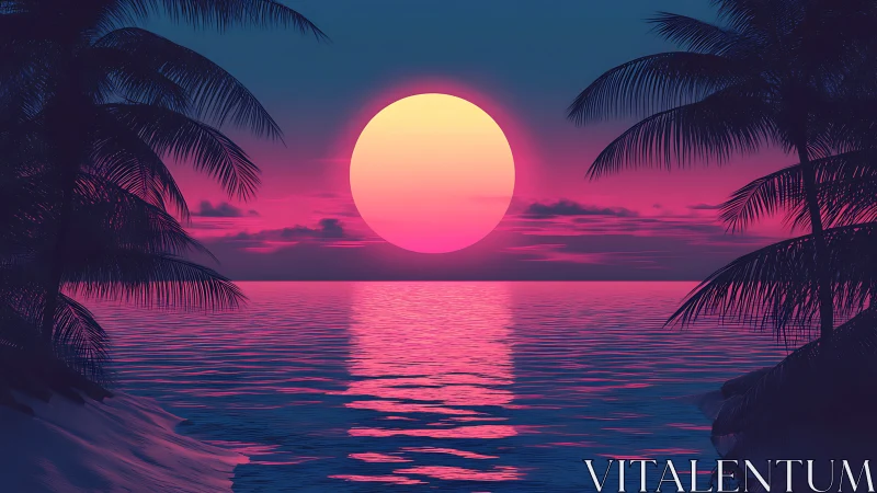 Synthwave style tropical shoreline under oversized sunset orb.