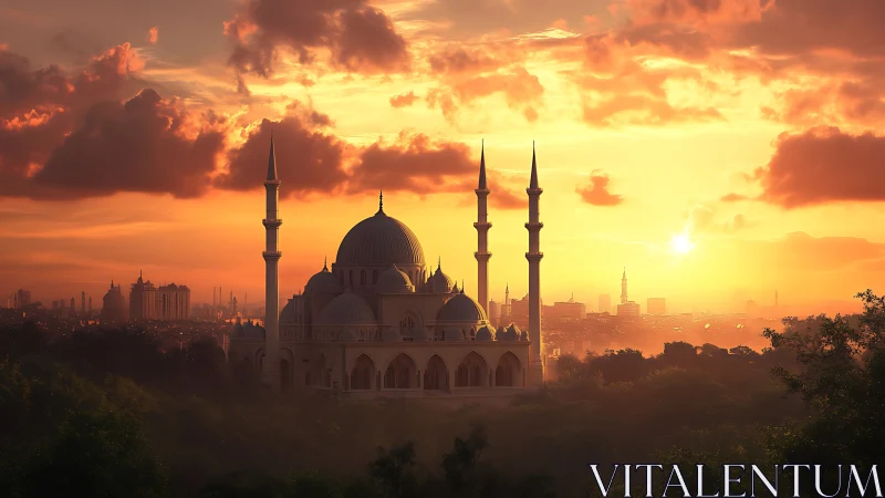 Golden hour mosque crowns a misty city of distant spires.