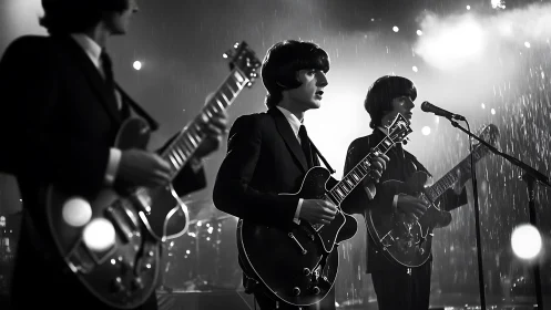 Rainlit retro band ignites a monochrome midnight stage.