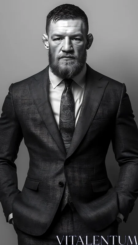 Monochrome male portrait in textured tailored suit styling.