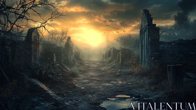 Ruined stone corridor receding into fog under backlit sunset sky