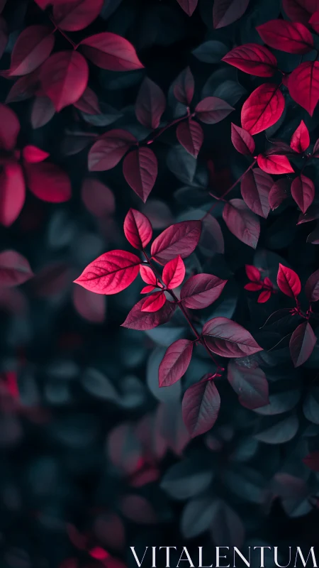 Moody crimson leaves glow gently against deep forest shadows