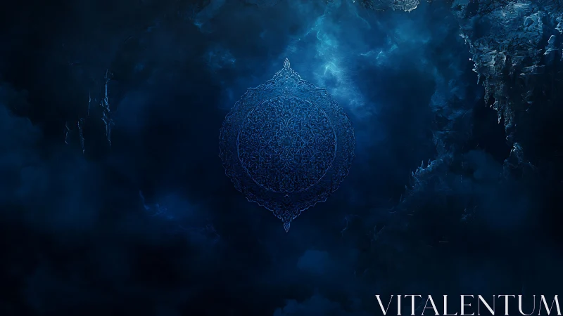 Mystic blue mandala floats gently in a deep celestial sky