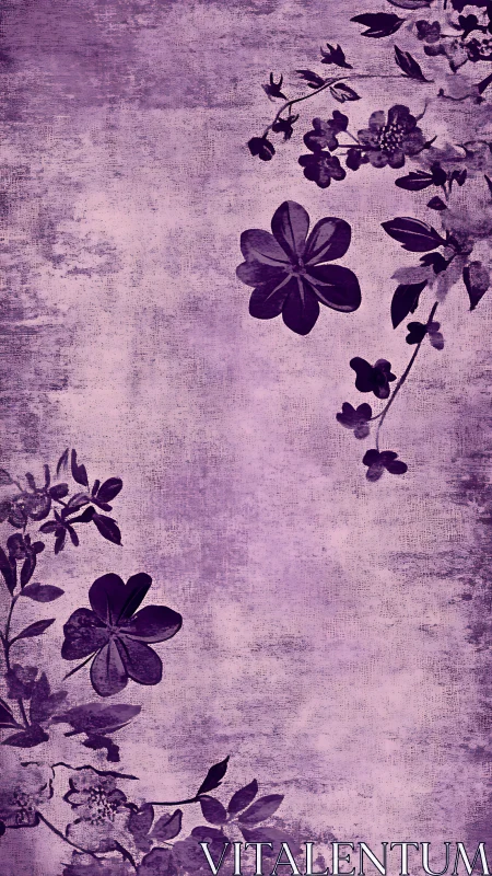 Monochrome violet floral silhouettes on textured grunge field.