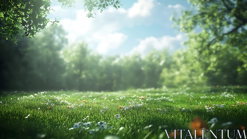 Sunlit wildflower meadow under soft spring canopy.