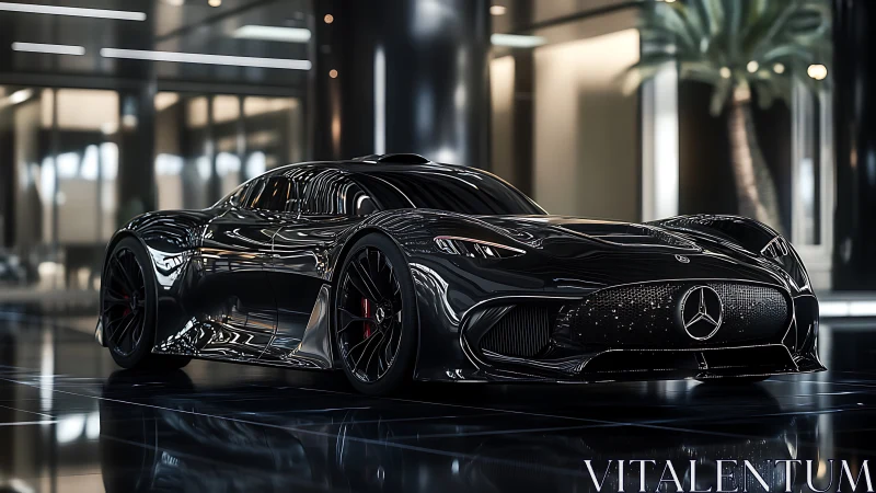 High-gloss black sports coupe stands in reflective showroom