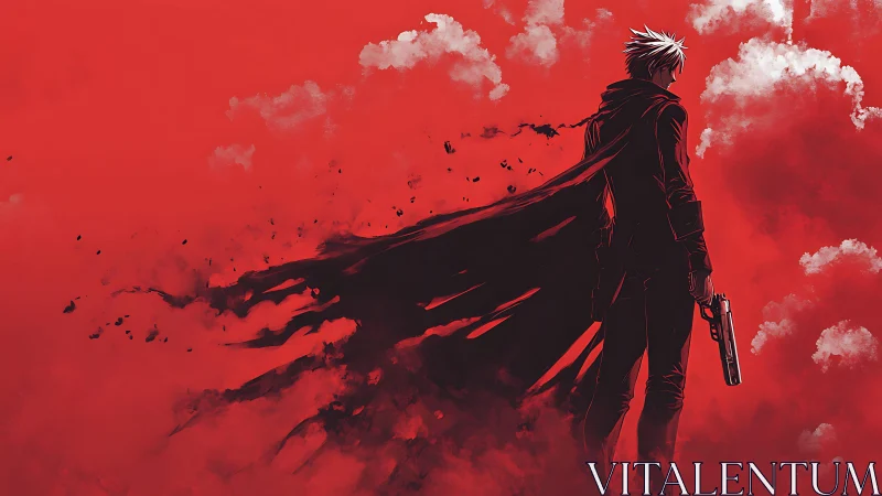 Solitary gunman silhouette in red clouded background.