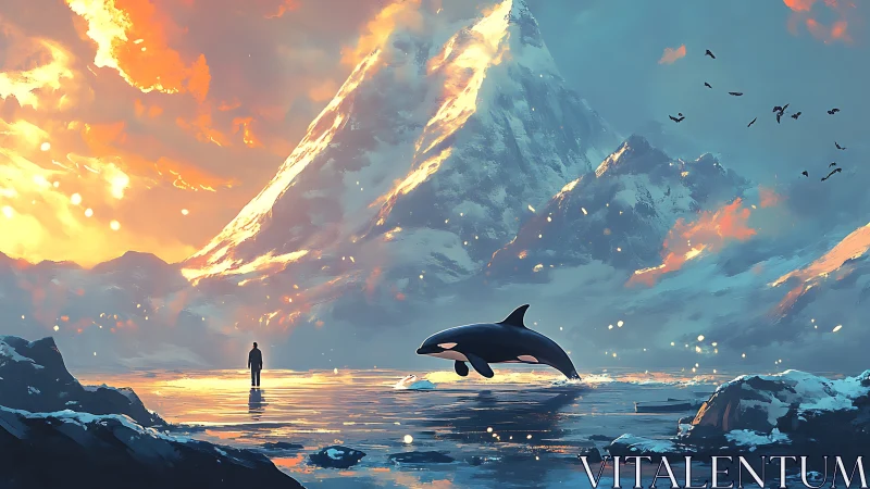 Human and orca stand on frozen shore below sunlit mountain