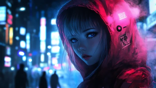 Hooded figure in neon city street at night, digital portrait.