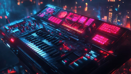 Futuristic synthesizer workstation glows in neon cityscape