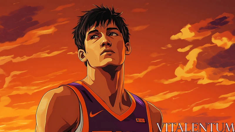 Basketball player portrait in orange sunset sky scene.